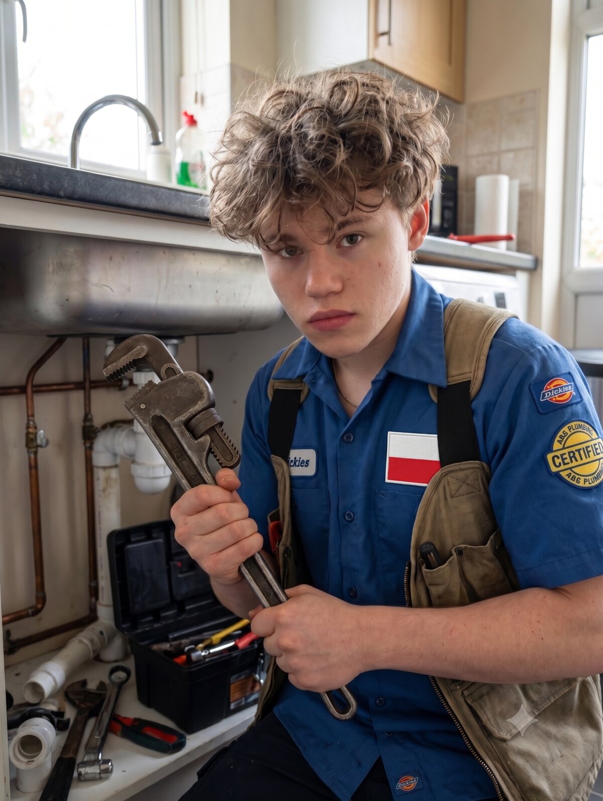 Alex Filios, certified Polish plumber, gripping a pipe wrench beneath the sink, Polish flag on his chest